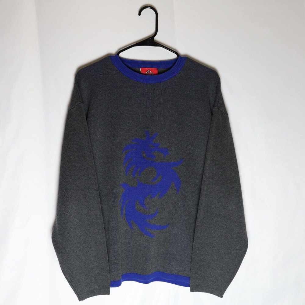 Ocean Current Dragon Sweater Adults M Gray/Blue Long Sleeve Crewneck Pullover